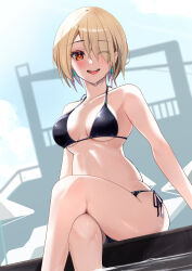  1girl ;d absurdres bare_arms bare_legs bikini black_bikini blonde_hair breasts cleavage collarbone crossed_legs day dutch_angle hair_between_eyes hair_over_one_eye halterneck heaven_burns_red highres kayamori_ruka looking_at_viewer medium_breasts natsuki_(muravito) one_eye_closed open_mouth outdoors red_eyes short_hair side-tie_bikini_bottom sitting smile soaking_feet solo swimsuit underboob 