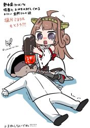  1boy 1girl admiral_(kancolle) ahoge artist_logo black_tea boots bottle brown_hair brown_skirt chibi commentary_request double_bun faceless faceless_male forced_drinking frilled_skirt frills grey_eyes hair_bun headgear highres japanese_clothes kantai_collection kongou_(kancolle) kongou_kai_ni_(kancolle) logo long_hair lr_hijikata military_uniform naval_uniform nontraditional_miko ribbon-trimmed_sleeves ribbon_trim simple_background skirt solo tea tears thigh_boots translation_request twitter_username white_background 