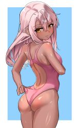  1girl ass ass_focus back backless_outfit backless_swimsuit chloe_von_einzbern commentary competition_swimsuit dark-skinned_female dark_skin english_commentary fate/kaleid_liner_prisma_illya fate_(series) frown loli looking_back meruru1247 one-piece_swimsuit orange_eyes pink_hair solo swimsuit tagme thighs thighs_focus 