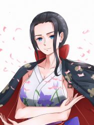  1girl black_hair blue_eyes bow crossed_arms floral_print floral_print_kimono hair_bow haori haori_on_shoulders highres instagram_username japanese_clothes kimono light_smile moonicsy nico_robin obi one_piece pink_petals ponytail print_kimono red_bow sash sidelocks smile solo twitter_username 