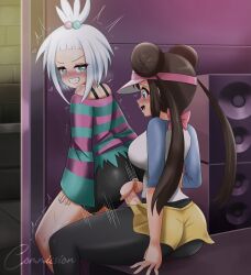  1futa 1girl absurdres ass bike_shorts black_pantyhose black_shorts blue_eyes blue_shirt blush bra_strap brown_hair danzfloor futa_with_female futanari grin heart highres looking_back nail_polish nintendo pantyhose pantyhose_under_shorts penis pink_shirt pokemon pokemon_bw2 ribbon rosa_(pokemon) roxie_(pokemon) sex shirt shorts sitting smile striped_clothes striped_shirt tagme torn_clothes torn_shorts twintails two-tone_shirt white_hair yellow_shorts  rating:Explicit score:50 user:kiki1099
