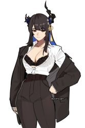 1girl absurdres asymmetrical_horns black_bra black_hair black_horns black_jacket black_pants blue_hair bra breasts cleavage colored_inner_hair formal_clothes highres hololive hololive_english horns jacket large_breasts mole mole_under_eye multicolored_hair nerissa_ravencroft pant_suit pants partially_unbuttoned pomuya red_eyes shirt simple_background solo suit suit_jacket underwear virtual_youtuber white_background white_shirt 