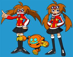  1boy 1girl ahoge black_footwear black_skirt blue_background blue_eyes boots brown_hair closed_mouth egg_pawn egg_pawn_(lost_world) eggette full_body goggles hand_on_own_hip jacket jitome long_hair long_sleeves looking_at_viewer miniskirt multiple_views pleated_skirt pointing red_jacket shenanimation simple_background skirt sonic_(series) sonic_lost_world standing thigh_boots twintails 