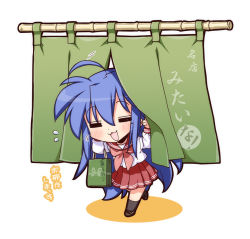  1girl :3 :d =_= ahoge arms_up bamboo black_socks blue_hair bow brown_footwear chibi closed_eyes collar colored_shadow commentary_request curtains gift_bag green_bag grey_socks izumi_konata japanese_text katakana light_blush long_hair long_sleeves lucky_star messy_hair mole mole_under_eye mole_visible_through_hair motion_lines noren official_art open_mouth pleated_skirt raised_eyebrows red_collar red_skirt ryouou_school_uniform school_uniform second-party_source serafuku shadow shirt simple_background skirt smile socks solo translation_request very_long_hair white_background white_shirt yoshimizu_kagami  rating:General score:16 user:danbooru
