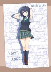  1girl alt_text arms_up asaka_karin black_sweater_vest blue_background blue_eyes blue_hair blue_shirt blue_socks blunt_bangs border breasts brown_border brown_shoes character_name closed_mouth collared_shirt commentary_request green_ribbon green_skirt highres large_breasts lined_paper loafers looking_at_viewer love_live! love_live!_nijigasaki_high_school_idol_club matsurugi_tsukasa medium_hair miniskirt neck_ribbon nijigasaki_school_uniform plaid_clothes plaid_skirt pleated_skirt ribbon school_uniform shirt shoes short_sleeves skirt smile socks solo split_mouth summer_uniform sweater_vest 