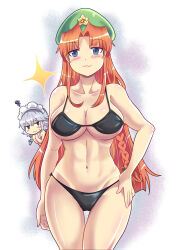  2girls abs beret bikini bikini_top_only black_bikini blue_eyes blush bow braid breasts colonel_aki commentary_request covering_breasts covering_privates frown green_eyes grey_hair hair_between_eyes hair_bow hair_intakes hand_on_own_hip hat highres hong_meiling izayoi_sakuya large_breasts long_hair maid_headdress multiple_girls navel pink_bikini red_hair smug sparkle squiggle star_(symbol) sweatdrop swimsuit touhou 
