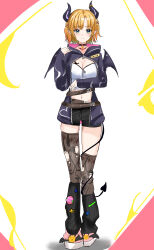  1girl absurdres alternate_costume alternate_hairstyle arm_under_breasts black_leg_warmers black_shorts blonde_hair blue_eyes breasts cleavage closed_mouth demon_girl demon_horns demon_tail demon_wings design_speculation highres hololive hood hoodie horns kurogomatcha large_breasts leg_warmers looking_at_viewer open_clothes open_hoodie shirt short_hair shorts smile solo tail tail_around_own_leg virtual_youtuber white_hoodie white_shirt wings yuzuki_choco 