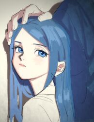 1boy 1girl akita_(tohoku_high-light) blue_eyes blue_hair blue_robe commentary_request commission frown grey_shirt hand_on_another&#039;s_head highres iwate_(tohoku_high-light) long_hair looking_at_viewer miyage_no_nukegara robe shirt skeb_commission solo_focus tohoku_high-light rating:General score:4 user:danbooru