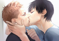  19_tian 2boys adam&#039;s_apple against_wall black_eyes black_hair black_shirt blue_shirt brown_eyes brown_hair fingernails french_kiss from_side hand_on_another&#039;s_head he_tian kiss lips looking_at_another male_focus mo_guan_shan multiple_boys nose shirt simple_background umary undercut upper_body white_background yaoi 