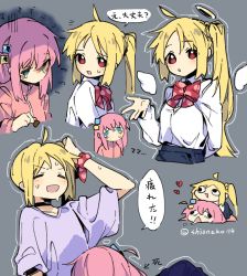  2girls ahoge black_choker blonde_hair blue_eyes blush bocchi_the_rock! bow chibi choker closed_eyes collared_shirt cube_hair_ornament gotoh_hitori hair_between_eyes hair_ornament hair_over_eyes highres ijichi_nijika jacket long_hair multiple_girls one_side_up open_mouth pink_hair pink_jacket purple_shirt red_bow school_uniform scratching_head shioneko114 shirt side_ponytail sidelocks simple_background smile sweatdrop track_jacket white_shirt  rating:General score:12 user:danbooru