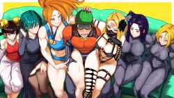 1boy 6+girls absurdres arm_around_back arm_strap asami_(one-punch_man) bare_shoulders bell bell_earrings bikini black_bikini black_dress black_gloves black_nails black_sclera blonde_hair blue_eyes blue_shirt blue_shorts blush bodysuit border braid breasts brown_eyes brown_hair brown_thighhighs captain_mizuki cleavage closed_mouth collared_dress colored_sclera commentary couch covered_eyes crop_top crossed_legs detached_sleeves dress earrings elbow_gloves facial_mark fingernails forehead_mark fubuki_(one-punch_man) gloves goggles green_eyes green_hair green_helmet grey_bodysuit hair_bell hair_ornament hand_on_another&#039;s_head harem heart heart_facial_mark heart_o-ring helmet highres jewelry jingle_bell kaijin_hime_do-s large_breasts light_blush lin_lin_(one-punch_man) long_hair long_sleeves looking_at_another looking_at_viewer lower_teeth_only mask medal medium_breasts mouth_mask multiple_girls mumen_rider nail_polish navel noria_(one-punch_man) o-ring o-ring_bikini on_couch one-punch_man open_mouth orange_hair outside_border panties parted_lips pink_eyes purple_eyes purple_hair red_shirt shirt short_hair short_shorts shorts simple_background single_thighhigh sitting sitting_on_lap sitting_on_person skindentation sleeveless sleeveless_shirt smile spanish_commentary swimsuit teeth thigh_strap thighhighs twin_braids underwear vlizzyvlizz117 white_border white_panties white_sleeves yellow_background yellow_eyes  rating:Sensitive score:64 user:danbooru