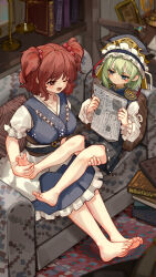  2girls absurdres barefoot black_skirt blue_eyes feet frills green_hair hair_bobbles hair_ornament hat highres kourou_(kouroukun) long_sleeves multiple_girls onozuka_komachi open_mouth red_hair shiki_eiki skirt soles toes touhou two_side_up 