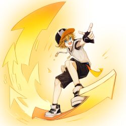  1boy :d aotu_world arrow_(symbol) baseball_cap black_gloves black_hat black_shorts blonde_hair blue_eyes clenched_hand drawstring energy fingerless_gloves foreshortening full_body gloves hair_between_eyes hand_up hat hood hood_down hoodie king_(aotu_world) looking_at_viewer male_focus official_art open_mouth outstretched_arm pointing pointing_up pointy_ears qi_chuang_she shoes short_hair short_sleeves shorts simple_background skateboarding smile sneakers solo teeth third-party_source upper_teeth_only white_hoodie white_shoes yellow_background 