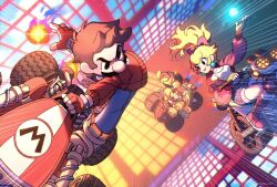  belt black_eyes blonde_hair blue_pants bob-omb boots bow bowser denim denim_shorts fingerless_gloves from_above gloves go-kart hair_bow hand_up hands_up highres jacket jeans looking_back mario mario_(series) mario_kart mario_kart_world mong_(mong_milo) motion_lines nintendo no_pupils pants pink_boots pink_bow pink_lips ponytail princess_peach red_jacket short_shorts shorts smile speed_lines twitter_username v-shaped_eyebrows yellow_gloves 