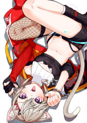  1girl animal_ears blonde_hair commentary_request elbow_gloves facial_mark fangs fingerless_gloves fishnet_thighhighs fishnets gloves hair_ornament hairclip highres jacket kemonomimi_mode komori_met komori_met_(5th_costume) looking_at_viewer lying navel on_back open_clothes open_jacket open_mouth orange_eyes seto_tinami single_thighhigh solo tail thighhighs virtual_youtuber vspo! white_background 