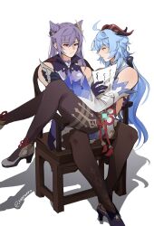  2girls absurdres ahoge artist_name ascot bare_shoulders blue_bow blue_gemstone blue_hair bodystocking bow brown_pantyhose chinese_clothes closed_mouth collared_dress commentary cone_hair_bun detached_sleeves dress earrings english_commentary flower_earrings flower_knot frills ganyu_(genshin_impact) gem genshin_impact gloves hair_between_eyes hair_bow hair_bun hair_ornament high_heels highres hitodama_print holding holding_paper jewelry keqing_(genshin_impact) long_hair long_sleeves looking_at_another looking_at_object low_ponytail multiple_girls necklace on_chair pantyhose paper pearl_(gemstone) pelvic_curtain ponytail purple_ascot purple_bow purple_dress purple_eyes purple_gloves purple_hair purple_shoes reading shadow shoes simple_background sitting sitting_on_person sleeveless sleeveless_dress smile tapeanna tassel teeth twintails vision_(genshin_impact) wavy_hair white_background white_shoes white_sleeves wide_sleeves yuri 
