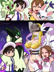  1boy 1other 2girls absurdres angewomon bongfill breasts cat confused digimon digimon_(creature) digimon_adventure digimon_adventure_02 florian_(pokemon) hagoromo hat highres jewelry meowscarada multiple_girls multiple_wings necklace necktie nintendo open_mouth pokemon pokemon_sv purple_necktie school_uniform shawl smile species_connection sprigatito tailmon trait_connection uva_academy_school_uniform wings yagami_hikari 