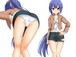  1girl arm_at_side ass bare_legs blue_hair blush brown_jacket cameltoe casual closed_mouth commentary_request commission denim denim_skirt feet_out_of_frame from_below hair_between_eyes hand_on_own_hip highres jacket kneepits leaning_forward long_hair long_sleeves looking_at_viewer miniskirt multiple_views nagamitsu_maya noble_works open_clothes open_jacket paid_reward_available panties pencil_skirt pixiv_commission ponytail red_eyes shiny_skin shirt sidelocks simple_background skirt smile split_mouth standing straight_hair tamba_i thighs torn_clothes torn_skirt underwear upskirt very_long_hair white_background white_panties white_shirt 