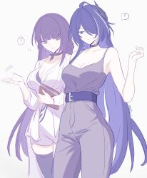  ! 2girls ? absurdres acheron_(honkai:_star_rail) alternate_costume bare_shoulders belt black_choker black_thighhighs book breasts choker cleavage closed_mouth collarbone commentary cowboy_shot english_commentary grey_pants grey_tank_top hair_ornament hair_over_one_eye hand_up highres holding holding_book honkai:_star_rail honkai_(series) honkai_impact_3rd in-franchise_crossover jacket large_breasts long_hair look-alike multicolored_hair multiple_girls name_connection pants purple_background purple_belt purple_eyes purple_hair raiden_mei raiden_mei_(apho) samlatte sawashiro_miyuki signature simple_background spoken_exclamation_mark streaked_hair tank_top thighhighs thighs very_long_hair voice_actor_connection white_jacket 