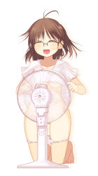 1girl antenna_hair arima_senne blush bottomless breasts brown_hair censored closed_eyes clothes_lift convenient_censoring electric_fan female_focus glasses kashiwamochi_yomogi kneeling no_bra original panties panty_pull shirt shirt_lift short_hair solo underboob underwear white_panties rating:Questionable score:33 user:danbooru