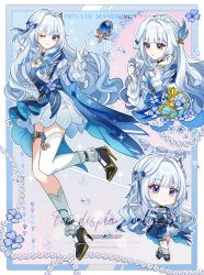  1girl beidalu_qingbao_banshichu blue_dress blue_eyes blue_hair braid chibi commission crown_braid dress drill_hair flower gerliya gloves high_heels highres long_hair multiple_views one_eye_closed original single_thighhigh smile socks thigh_strap thighhighs twin_drills virtual_youtuber watermark white_gloves white_hair 