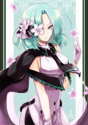  1girl arcaea black_cape black_necktie breasts cape closed_mouth commentary_request cowboy_shot curtained_hair dress expressionless flower flower_over_eye gloves green_background green_eyes green_hair looking_at_viewer medium_hair nakoudon necktie one_eye_covered pink_flower saya_(arcaea) side_cape single_bare_shoulder sleeveless sleeveless_dress solo standing white_dress white_gloves 