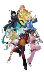  3boys 3girls adapted_costume ahoge alice_gehabich alternate_costume alternate_skin_color antenna_hair armband bag bakugan bakugan_battle_brawlers bell-bottoms between_fingers black_coat black_gloves black_hair black_pants blonde_hair blue-framed_eyewear blue_eyes blue_jacket brown_hair card coat commentary cropped_jacket cropped_vest dark-skinned_female dark_skin dress earrings english_commentary expressionless eyeshadow fingerless_gloves full_body gloves goggles goggles_on_head green_dress green_jacket grin hair_ornament hair_scrunchie hand_up heart heart_earrings highres holding holding_card hood hooded_jacket jacket jewelry julie_heyward kazami_shun knee_up kuusou_danma leg_up long_hair looking_at_viewer looking_to_the_side low_ponytail makeup marukura_marucho misaki_runo multiple_boys multiple_girls one_eye_closed open_mouth orange_hair pale_skin pants pink_eyeshadow pink_pants pink_shoes pink_shorts pink_vest platform_shoes ponytail purple_shirt red-framed_eyewear red_eyes red_jacket red_pants redesign satchel scrunchie semi-rimless_eyewear shirt shoes short_hair short_sleeves shorts sleeveless_duster smile spiked_hair the-fridge-orange twintails two-tone_pants very_dark_skin very_long_hair vest white_gloves white_shoes yellow_shirt 
