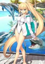  1girl :d animal bag bare_legs black-framed_eyewear black_one-piece_swimsuit blonde_hair blue_eyes breasts dock dolphin fate/grand_order fate_(series) feet_out_of_frame glasses hair_between_eyes hair_tie high_ponytail holding_hula_hoop hoop horizon hula_hoop jacket jeanne_d&#039;arc_(fate) jeanne_d&#039;arc_(swimsuit_archer)_(fate) jeanne_d&#039;arc_(swimsuit_archer)_(second_ascension)_(fate) long_hair long_sleeves looking_at_viewer medium_breasts ocean official_art one-piece_swimsuit open_clothes open_jacket open_mouth palm_tree ponytail pool sidelocks sky sleeves_past_wrists smile solo standing swimsuit takeuchi_takashi third-party_source tote_bag tree two-tone_swimsuit unzipped variant_set very_long_hair whistle whistle_around_neck white_jacket white_one-piece_swimsuit zipper 