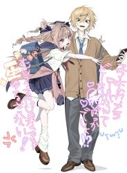  1boy 1girl absurdres bag bag_charm blonde_hair blue_necktie blue_sailor_collar blue_skirt brown_cardigan brown_hair cardigan charm_(object) clothes_around_waist collared_shirt colored_inner_hair green_eyes grey_pants hair_between_eyes hair_intakes hair_ribbon highres jacket jacket_around_waist leg_warmers loafers long_hair makaino_ririmu multicolored_hair necktie nijisanji open_mouth pants pink_eyes pink_hair pink_jacket platform_shoes pleated_skirt pointy_ears ribbon sailor_collar school_bag school_uniform serafuku shirt shoes short_hair short_sleeves shoulder_bag simple_background skirt smile streaked_hair two-tone_hair two_side_up umashio_potechi-san uzuki_kou virtual_youtuber white_background white_shirt 