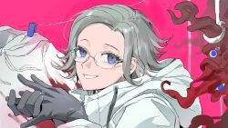 2boys aotsuki_eito black_gloves blood blood_on_clothes blue_eyes chinese_commentary clothes_pin clothesline drawstring extra_eyes glasses gloves grey_hair grin hanged highres hilee671 hood hoodie jacket looking_at_viewer male_focus monster multiple_boys noose own_hands_together parody pink_background portrait short_hair simple_background smile solo_focus spoilers sumino_takumi the_hundred_line_-last_defense_academy- white_hoodie white_jacket zuutto_issho_(kitani_tatsuya) 