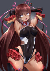  1girl absurdres ahegao arms_up black_leotard breasts covered_navel curecycadura curvy dark-skinned_female dark_skin elbow_gloves female_orgasm gloves heavy_breathing highleg highleg_leotard highres leotard long_hair mizuki_yukikaze moaning orgasm purple_eyes pussy_juice revealing_clothes sex_toy shiny_clothes shiny_skin small_breasts smile solo sweat sweatdrop taimanin_(series) taimanin_yukikaze tan thong_leotard twintails very_long_hair vibrator vibrator_under_clothes wide_hips 