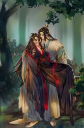  2boys absurdres bishounen black_boots black_hair black_hanfu boots bush carrying chest_tattoo chinese_clothes closed_eyes coat coat_partially_removed collarbone day forest full_body grey_coat hair_down hair_ribbon half_updo hanfu headband highres hug korean_commentary lan_wangji leaf light_particles long_hair long_sleeves looking_at_another male_focus modao_zushi multiple_boys nature niken_(niken_ouo) off_shoulder official_alternate_costume official_alternate_hairstyle open_clothes open_coat outdoors parted_lips pectoral_cleavage pectorals plant red_ribbon ribbon robe sash sitting sitting_on_lap sitting_on_person tattoo topknot tree very_long_hair wei_wuxian wei_wuxian_(yiling_laozu) white_boots white_hanfu white_headband wide_sleeves xiao_guan_(headdress) yaoi yellow_eyes 
