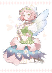  1girl absurdres aikatsu! aikatsu!_(series) blue_skirt blue_wings bracer brown_shoes choker closed_mouth daisy_(flower) dot_nose earrings fairy fairy_wings fake_wings floral_print flower flower_earrings flower_hairband flower_skirt footwear_flower frilled_sleeves frills full_body green_eyes green_shirt hands_on_own_chest heart high_heels highres idol jewelry kitaoji_sakura kneeling layered_skirt light_blush long_skirt morgue_(southsakura) parted_bangs pink_choker pink_flower pink_hair pink_skirt puffy_short_sleeves puffy_sleeves pumps purple_flower shirt shoes short_hair short_sleeves skirt smile solo star_(symbol) white_background white_sleeves wings wrist_flower yellow_flower 