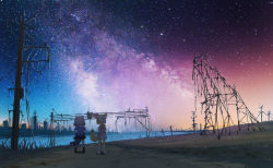  10s 2girls animal_ears blonde_hair cityscape common_raccoon_(kemono_friends) fennec_(kemono_friends) fox_ears fox_tail grass grey_hair hands_on_own_hips horizon kemono_friends looking_afar multiple_girls night night_sky pantyhose path power_lines raccoon_ears raccoon_tail radio_tower road ruins scenery shainingu_ikura shooting_star sky star_(sky) starry_sky tail water  rating:Sensitive score:5 user:danbooru