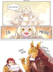  1boy 2girls amputee blonde_hair braid brother_and_sister cape covered_eyes elden_ring english_text helmet helmet_over_eyes highres malenia_blade_of_miquella mechanical_arms millicent_(elden_ring) miqueliafantasia miquella_(elden_ring) multiple_girls ponytail prosthesis prosthetic_arm red_cape siblings single_mechanical_arm smile winged_helmet yellow_eyes  rating:General score:29 user:danbooru