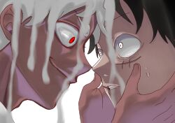  1boy black_hair close-up commentary_request evil_smile eye_contact gear_fifth highres looking_at_another monkey_d._luffy one_piece red_eyes sc_scandium scar scar_on_face simple_background smile sweatdrop white_background white_hair 
