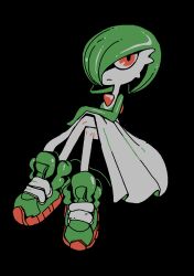  3buddy absurdres black_background colored_skin creatures_(company) game_freak gardevoir gen_3_pokemon green_hair highres nintendo no_humans pokemon red_eyes shoes short_hair simple_background solo white_skin  rating:General score:5 user:Rikko-43