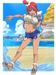  1girl blue_eyes breasts dark-skinned_female dark_skin denim denim_shorts full_body game_screenshot_background high_heel_sandals highres large_breasts looking_at_viewer midriff navel nintendo open_mouth pokemon pokemon_masters_ex red_hair sandals screenshot_background shorts skyla_(pokemon) skyla_(summer_2025)_(pokemon) solo taro_quidare 