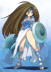  1girl absurdres axe battle_axe big_hair blue_cape blue_eyes blue_headband blue_sandals blue_shirt breasts brown_hair cape cleavage closed_mouth collarbone diane_(monster_maker) frown full_body gladiator_sandals hair_between_eyes headband highres holding holding_axe holding_shield legs_apart long_hair medium_breasts monster_maker muramasa_mikado no_pupils panties pantyshot sandals shadow shield shirt side_slit skirt solo standing toenails two-sided_fabric two-tone_cape underwear weapon white_cape white_panties white_skirt 