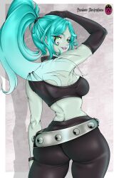  1girl absurdres artist_logo artist_name ass black_gloves black_pants blue_hair breasts colored_skin danny_phantom elbow_gloves ember_mclain gloves green_eyes grey_skin highres large_breasts logo long_hair looking_at_viewer looking_to_the_side pants pasioneillustr2 ponytail purple_lips solo 