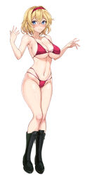 1girl absurdres alice_margatroid amagi_(amagi626) bikini black_boots blonde_hair blue_eyes blush boots breasts cleavage closed_mouth full_body hairband highres kakuma_ai knee_boots lace-up_boots large_breasts looking_at_viewer navel red_bikini short_hair simple_background solo swimsuit tomatsu_haruka touhou underboob voice_actor_connection white_background
