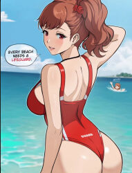  2girls ai-assisted alternate_breast_size alternate_costume ass back beach blush curvy flower hair_flower hair_ornament highres lepypepy lifeguard looking_back multiple_girls ocean peril persona persona_3 persona_3_portable red_eyes red_hair shiomi_kotone swimsuit takeba_yukari thick_thighs thighs whistle whistle_around_neck  rating:Questionable score:140 user:Gfunk-ZX