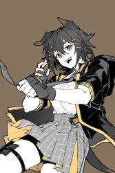  1girl :d animal_ears arknights bolo_tie braid brown_background brown_eyes chinese_commentary commentary_request cowboy_shot fingerless_gloves fingernails gloves hair_between_eyes hair_ornament hairclip highres jacket jackie_(arknights) looking_at_viewer open_clothes open_jacket open_mouth partial_commentary partially_colored piaoliu_ping_ping_ping_pingzi plaid_clothes plaid_skirt pleated_skirt shirt shirt_tucked_in short_sleeves simple_background skirt smile solo standing tail thigh_strap upper_body 