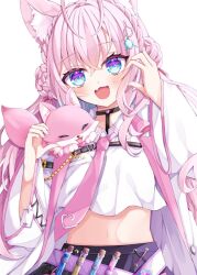  1girl animal_ear_fluff animal_ears antenna_hair aqua_eyes blush coat collared_shirt commentary_request crop_top cropped_shirt crossed_bangs eyelashes fang hair_between_eyes hakui_koyori hakui_koyori_(1st_costume) highres hololive kokoro_(hakui_koyori) lab_coat long_bangs long_hair long_sleeves looking_at_viewer maki_soutoki midriff multicolored_eyes navel necktie open_clothes open_coat open_mouth pink_hair pink_necktie purple_eyes shirt simple_background skin_fang smile solo test_tube upper_body very_long_hair virtual_youtuber white_background white_coat white_shirt wide_sleeves 