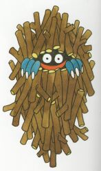  :d absurdres bagworm_(dragon_quest) blue_skin colored_skin creature creature_focus dragon_quest fingernails highres long_fingernails looking_at_viewer no_humans official_art open_mouth scan scan_artifacts sharp_fingernails smile stick third-party_source toriyama_akira white_background 