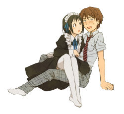  1boy 1girl apron arashiyama_hotori black_hair brown_eyes brown_hair coeda hiroyuki_sanada maid maid_apron maid_headdress necktie pants sanada_hiroyuki school_uniform short_hair simple_background sitting sitting_on_lap sitting_on_person socks soredemo_machi_wa_mawatteiru striped_necktie striped_neckwear sweatdrop thighhighs white_background white_thighhighs  rating:Sensitive score:22 user:danbooru