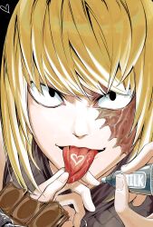  1boy ambiguous_gender black_background blonde_hair close-up death_note heart highres holding konoko-tachi_(107omoide) male_focus marker medium_hair mello_(death_note) pov pov_hands saliva scar scar_on_face simple_background solo_focus tongue tongue_out tongue_writing 