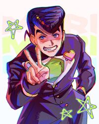  1boy arm_up black_hair blue_eyes buttons cleavage_cutout clothing_cutout commentary cowboy_shot diamond_wa_kudakenai fingernails gakuran grin hand_in_pocket heart higashikata_josuke highres jojo_no_kimyou_na_bouken long_sleeves male_focus pompadour sayurkailen school_uniform smile solo star_(symbol) teeth v 