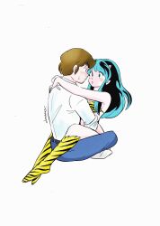  1boy 1girl amamorituyuko animal_print bikini blue_pants boots brown_hair cone_horns couple eyelashes highres horns hug indian_style knee_boots leg_lock long_hair looking_at_another lum moroboshi_ataru pants pointy_ears print_bikini print_boots shirt short_hair signature sitting swimsuit tiger_print urusei_yatsura white_shirt 
