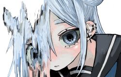 1girl black_sailor_collar blue_eyes blue_hair commentary cross cross_piercing ear_piercing earrings hair_bun highres jewelry latin_cross light_blue_hair long_hair looking_at_viewer melting one_eye_covered original parted_lips piercing portrait sailor_collar school_uniform serafuku sidelocks simple_background solo urokogaran white_background rating:Sensitive score:2 user:danbooru